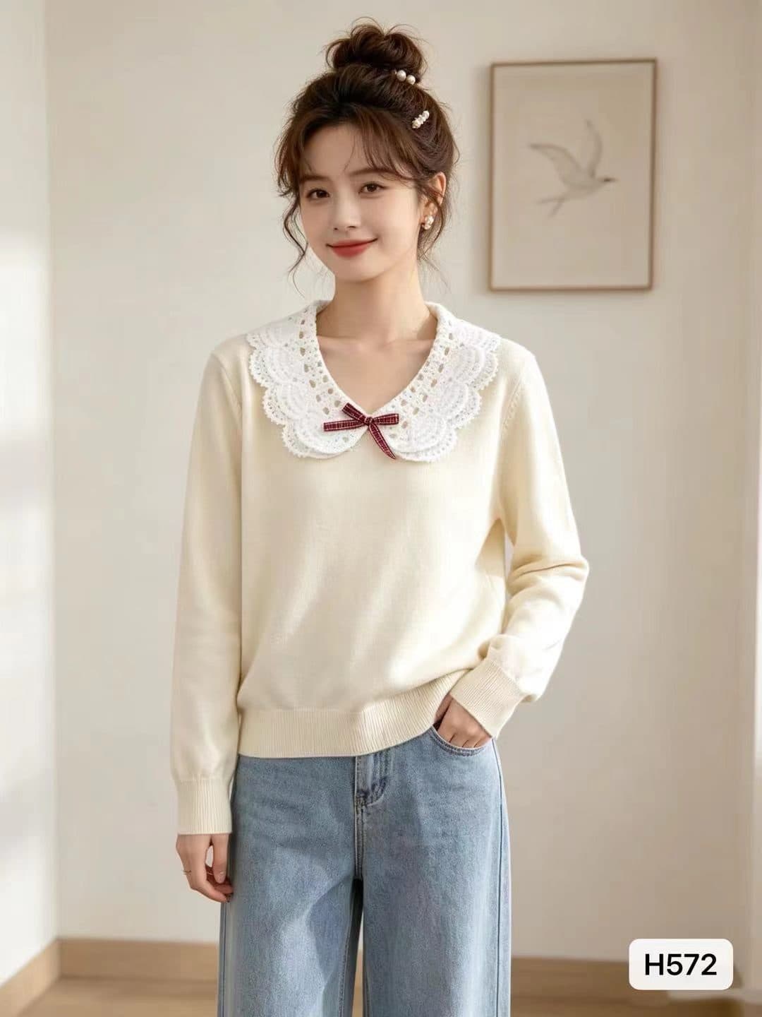 일본식 달콤한 자매 베이비 칼라 자수 나비 매듭 패치워크 긴팔 니트 2026 가을 겨울 새로운 ins 트렌디 다용도 출퇴근 j 상세 이미지 3