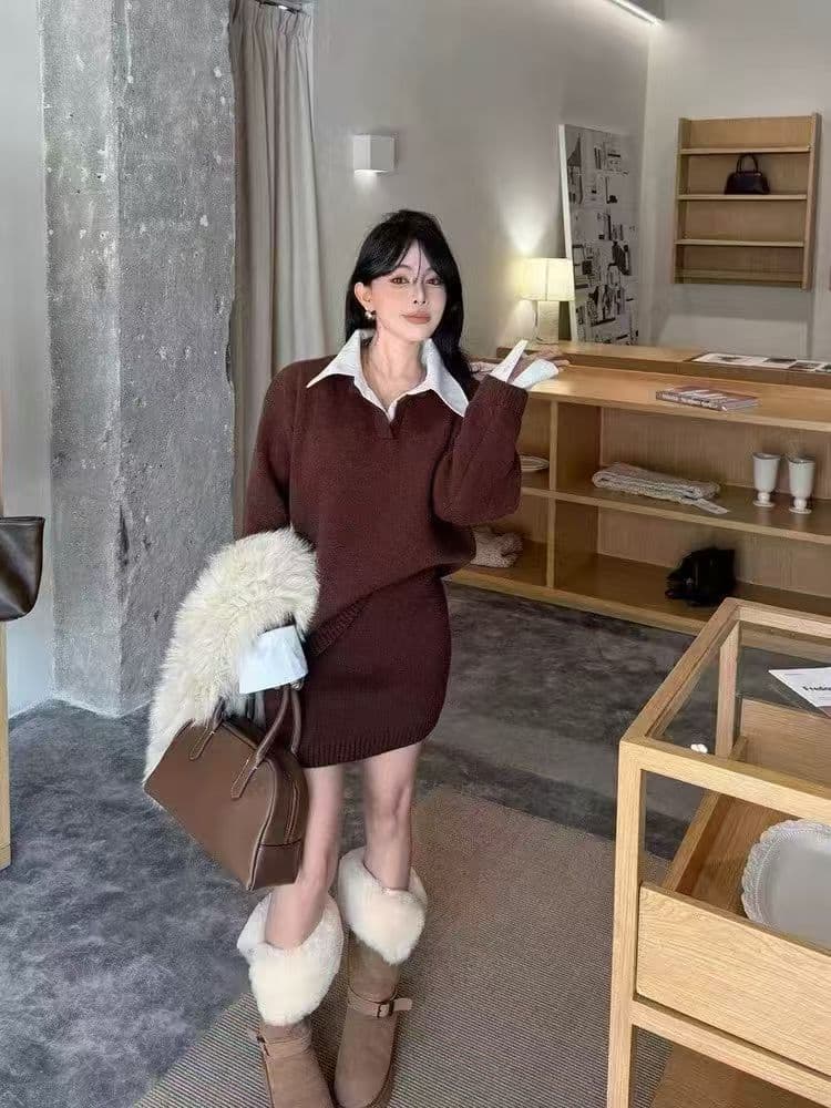 투피스 세트 차가운 핫걸 페이크 레이어드 폴로 칼라 polo 작은 v 단색 스웨터 한 부서 코디 3 점 미니 스커트 세트 ins 상세 이미지 4