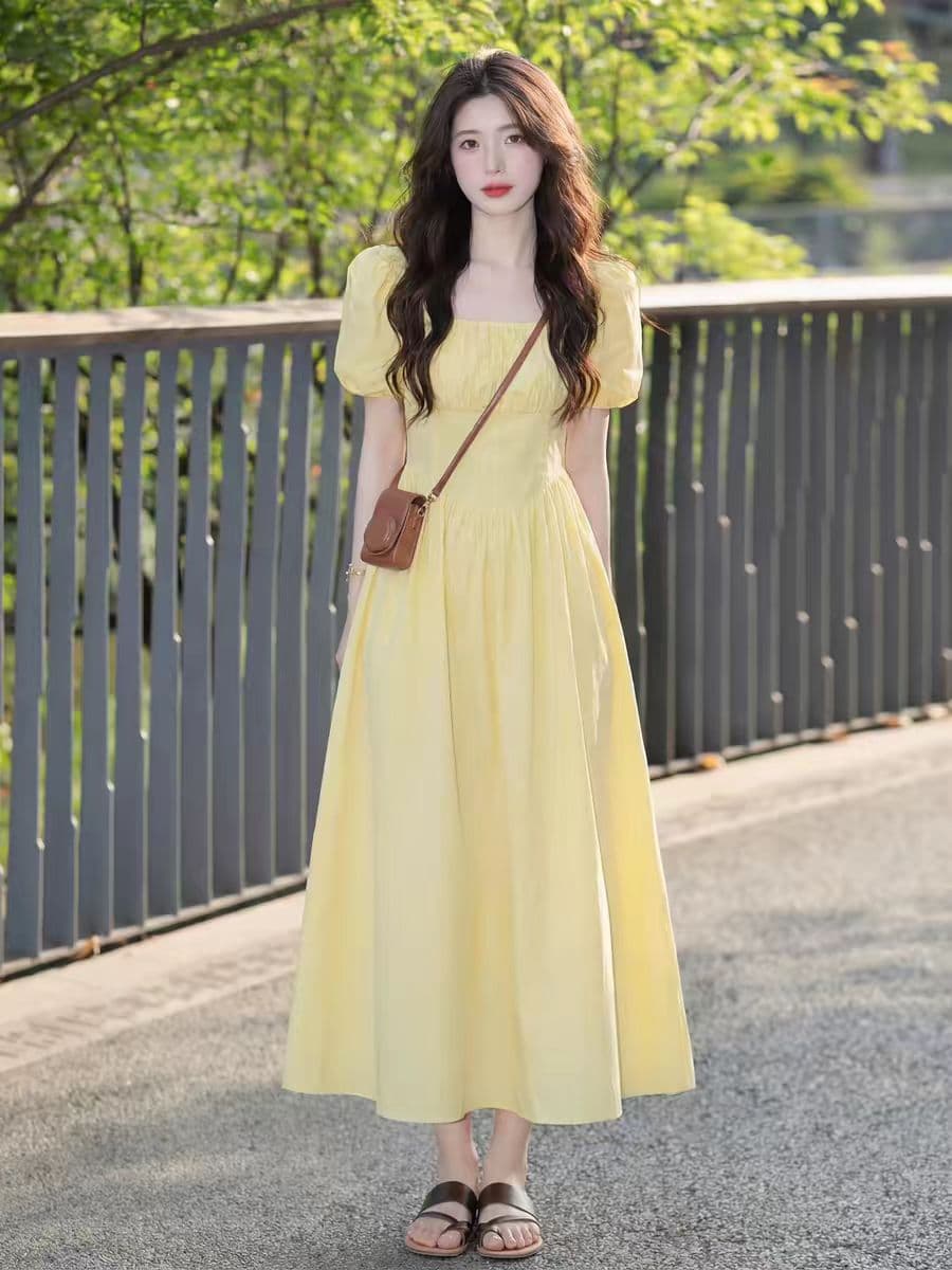 프랑스식 황색 광장 칼라 거품 소매 허리 수축 여성 드레스 여름 도파민 착용 가져 가라. 외국 가스 연령 감소 슬림해 보이는 치마 상세 이미지 1