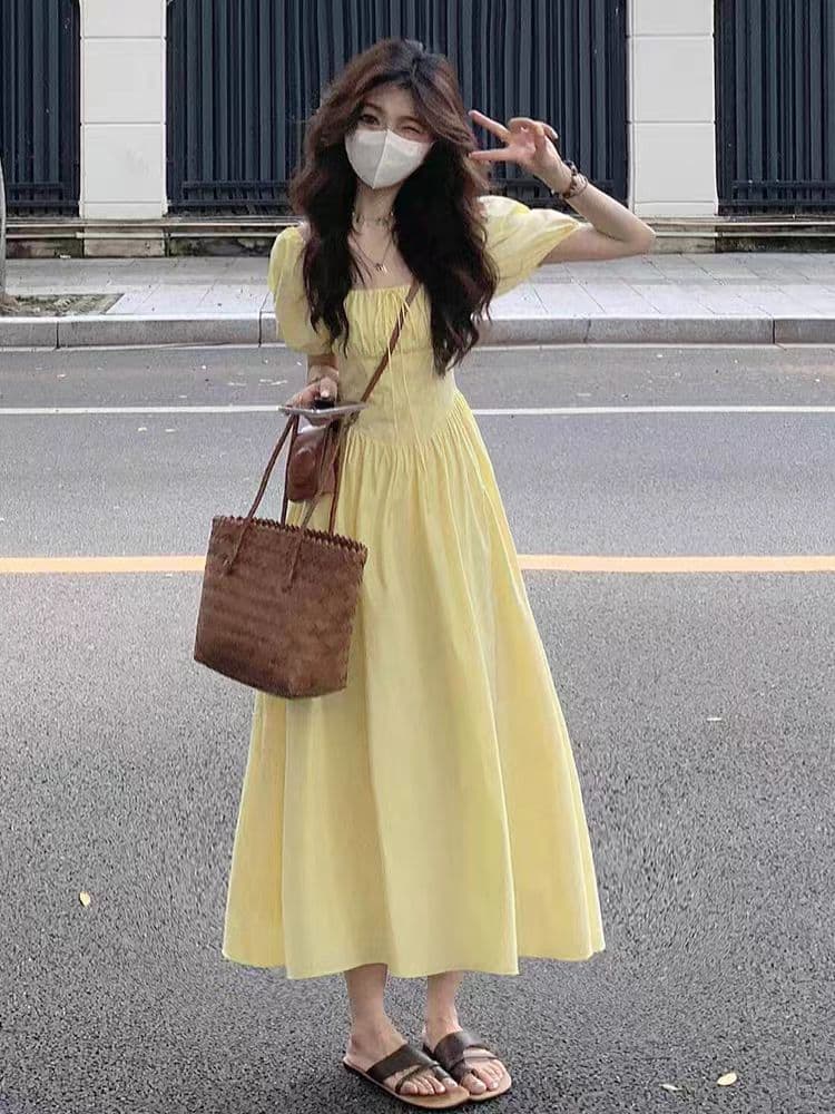 프랑스식 황색 광장 칼라 거품 소매 허리 수축 여성 드레스 여름 도파민 착용 가져 가라. 외국 가스 연령 감소 슬림해 보이는 치마 상세 이미지 6