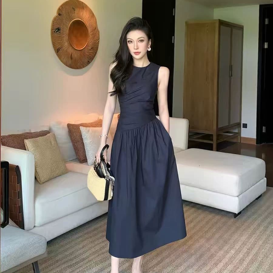 라운드 넥 오프숄더 디자인 센스 드레스 슬림해 보이는 다용도 휴가 바람 캐주얼 다용도 품격 여성 롱 스커트 이미지 5