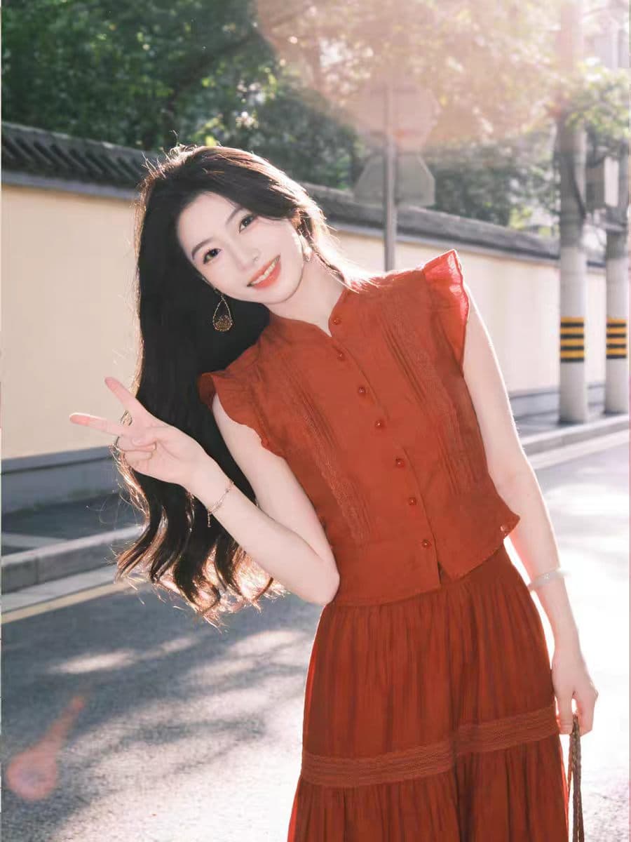 남쪽 법 휴일 바람 빨간색 민소매 맨위 여성 여름 밝은 착용 가져 가라. 조끼 레이스 조각 빅 플레어 스커트 투피스 세트 이미지 2