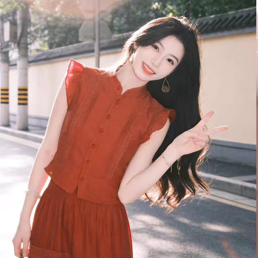 남쪽 법 휴일 바람 빨간색 민소매 맨위 여성 여름 밝은 착용 가져 가라. 조끼 레이스 조각 빅 플레어 스커트 투피스 세트 이미지 5