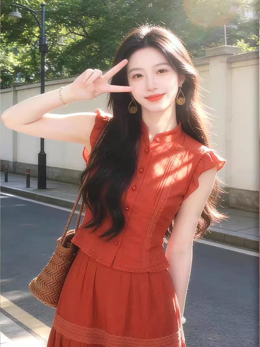 남쪽 법 휴일 바람 빨간색 민소매 맨위 여성 여름 밝은 착용 가져 가라. 조끼 레이스 조각 빅 플레어 스커트 투피스 세트 상세 이미지 1