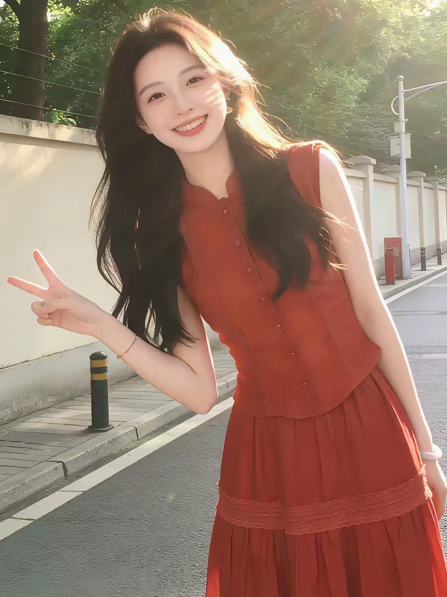 남쪽 법 휴일 바람 빨간색 민소매 맨위 여성 여름 밝은 착용 가져 가라. 조끼 레이스 조각 빅 플레어 스커트 투피스 세트 상세 이미지 4