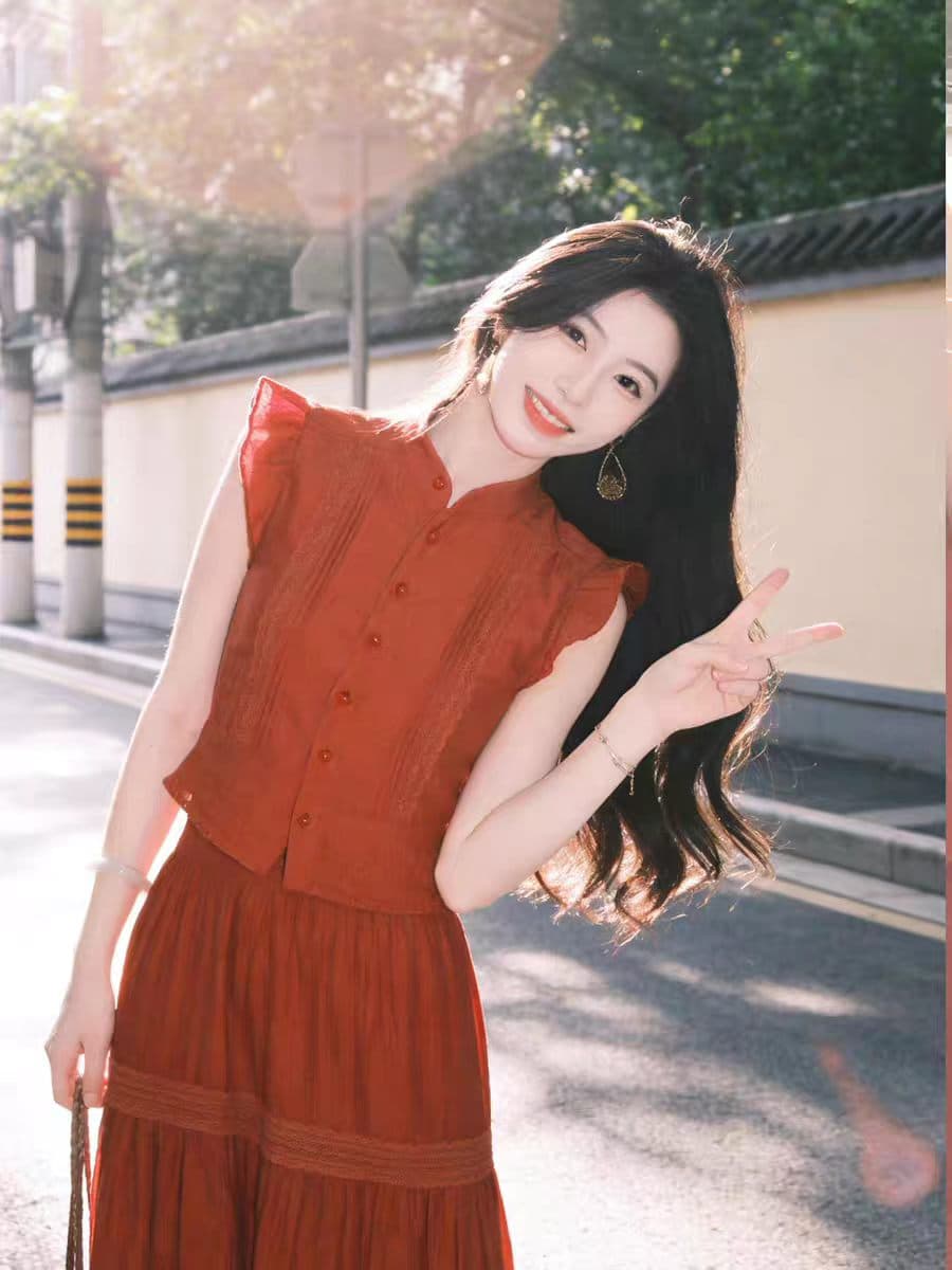 남쪽 법 휴일 바람 빨간색 민소매 맨위 여성 여름 밝은 착용 가져 가라. 조끼 레이스 조각 빅 플레어 스커트 투피스 세트 상세 이미지 5