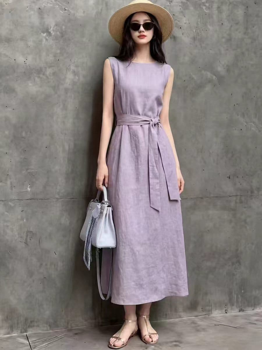 미니멀리즘 품격 미니멀리즘 바람 보라색 조끼 여성 드레스 민소매 레이스업 허리 수축 품격 착용 가져 가라. 중간 길이 치마 상세 이미지 4
