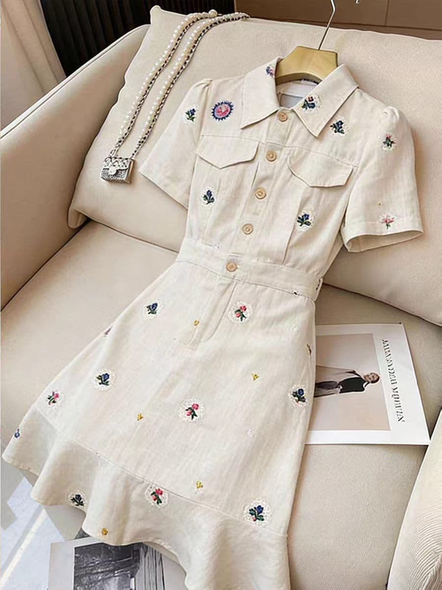 프랑스식 빛 요리 한 바람 POLO 칼라 여성 드레스 2026 년 새로운 패션 외국 가스 자수 프린트 반팔 A라인 스커트 이미지 4