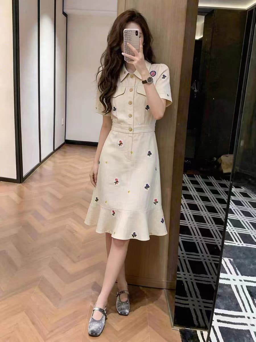 프랑스식 빛 요리 한 바람 POLO 칼라 여성 드레스 2026 년 새로운 패션 외국 가스 자수 프린트 반팔 A라인 스커트 이미지 3