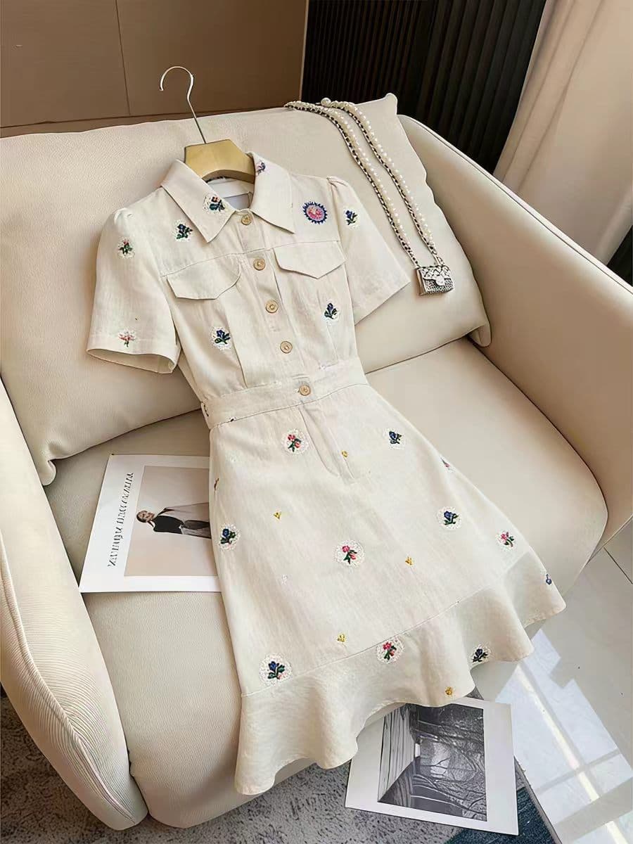 프랑스식 빛 요리 한 바람 POLO 칼라 여성 드레스 2026 년 새로운 패션 외국 가스 자수 프린트 반팔 A라인 스커트 상세 이미지 1
