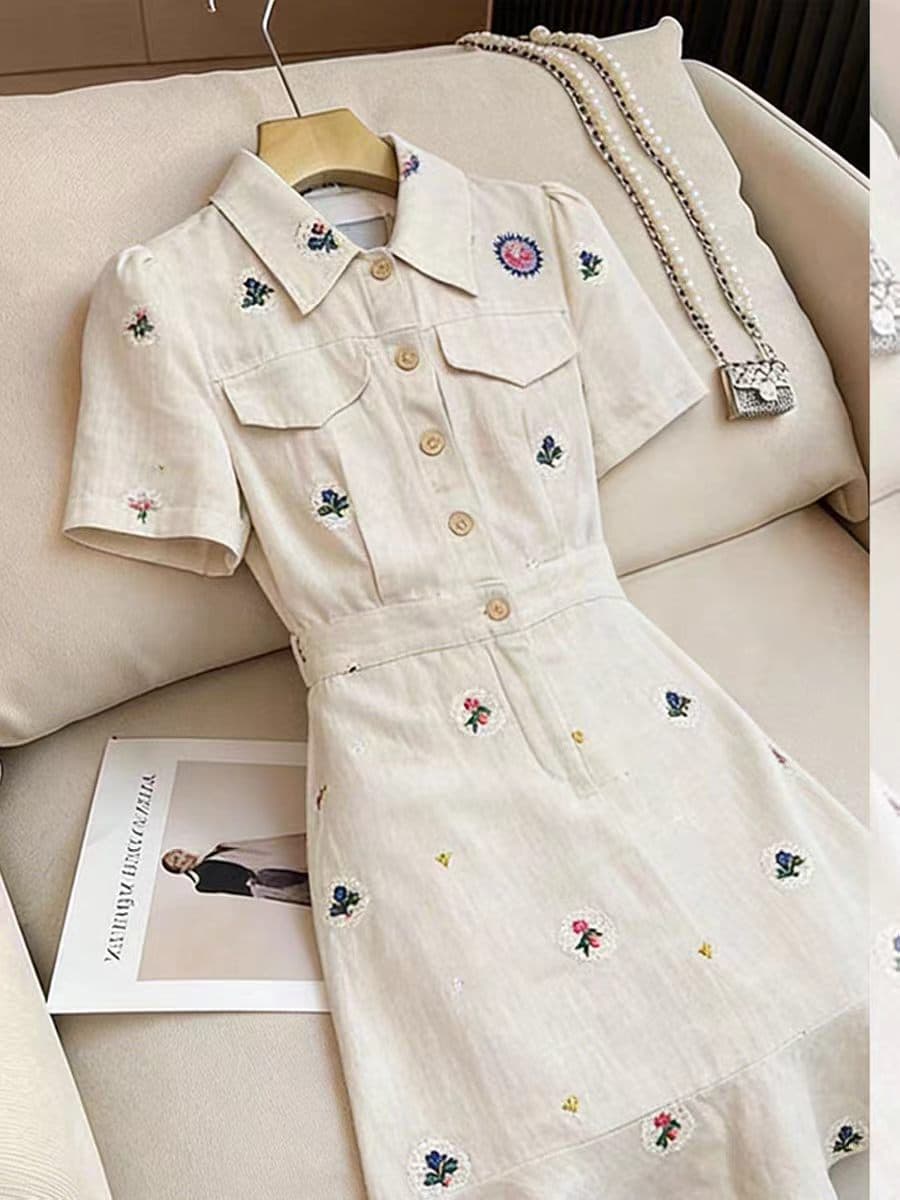 프랑스식 빛 요리 한 바람 POLO 칼라 여성 드레스 2026 년 새로운 패션 외국 가스 자수 프린트 반팔 A라인 스커트 상세 이미지 4