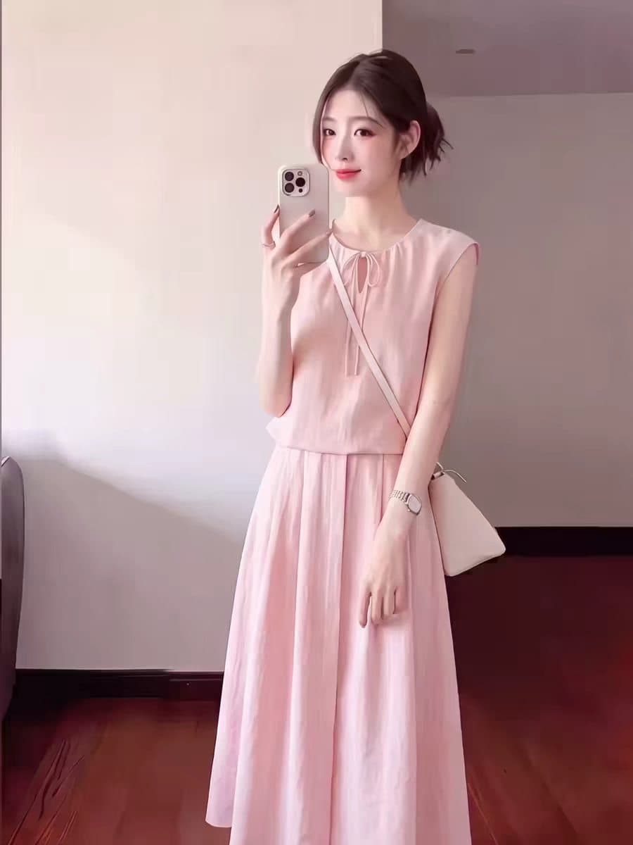 익스트림 제인 바람 민소매 여성 드레스 여름 핑크색 레이스업 허리 수축 롱 스커트 빅 사이즈 슬림해 보이는 고급 센스 우아함 여성 이미지 2