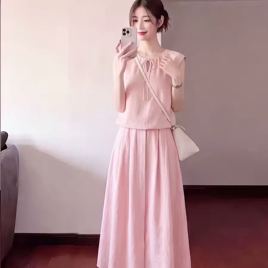 익스트림 제인 바람 민소매 여성 드레스 여름 핑크색 레이스업 허리 수축 롱 스커트 빅 사이즈 슬림해 보이는 고급 센스 우아함 여성 이미지 5