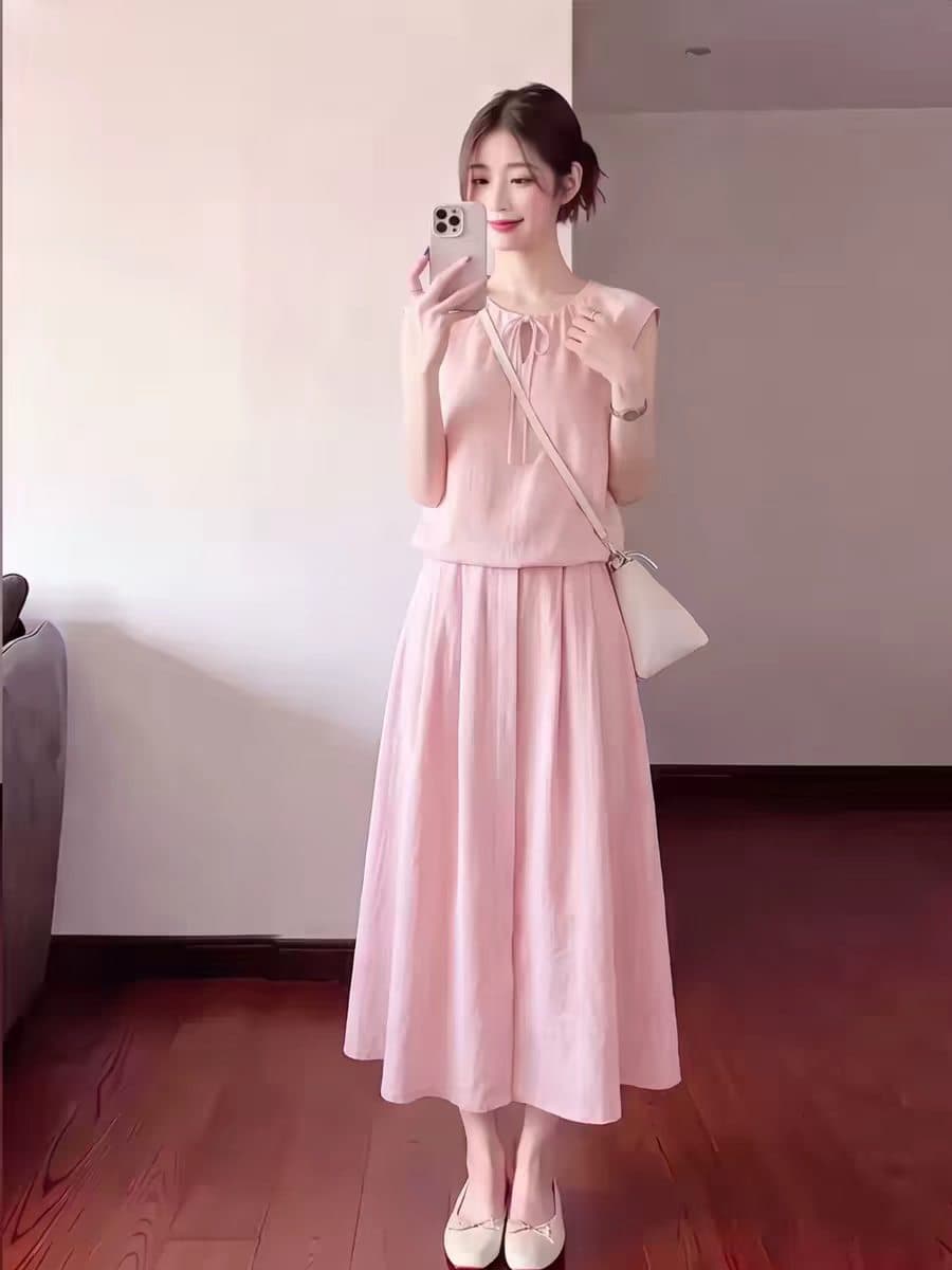 익스트림 제인 바람 민소매 여성 드레스 여름 핑크색 레이스업 허리 수축 롱 스커트 빅 사이즈 슬림해 보이는 고급 센스 우아함 여성 상세 이미지 3