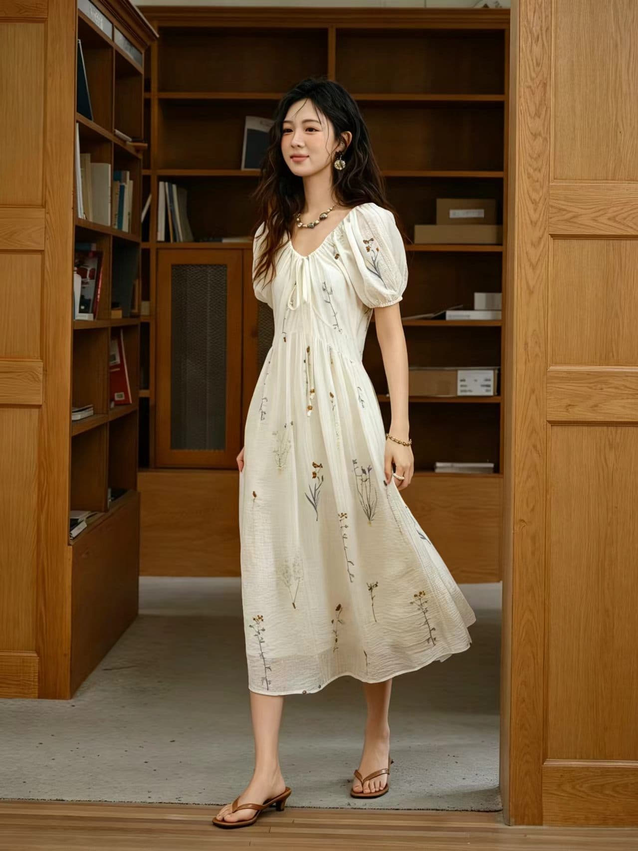 수수께끼 보여주기 프랑스식 레트로 품격 주간 실크 드레스 2026 여름 신제품 Chic 몸매 가꾸기 반팔 자수 치마 상세 이미지 2