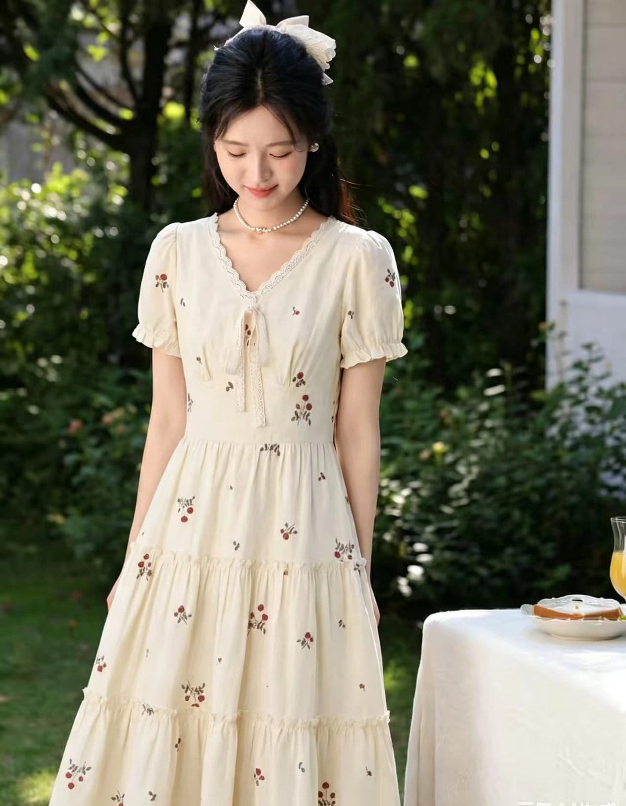 뮤 시간 개화 품격 출퇴근 작은 키 꽃무늬 여성 드레스 여름 휴가 V넥 롱 스커트 이미지 4