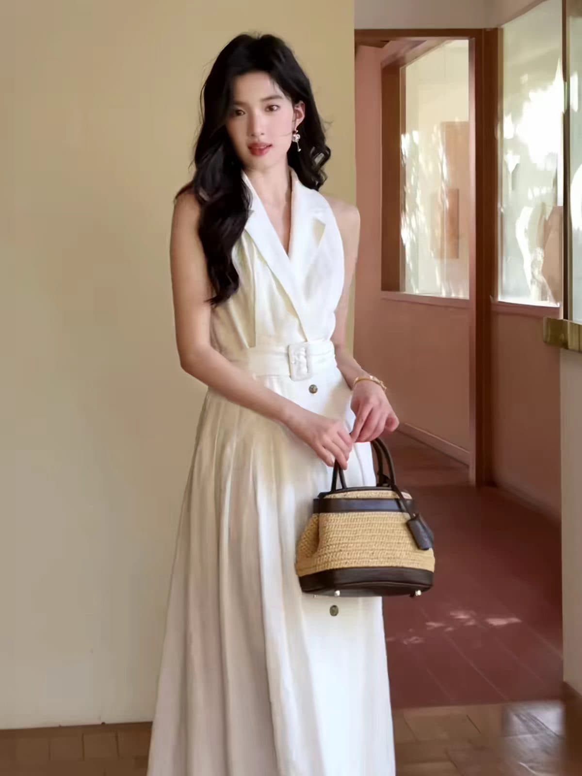 프랑스식 화이트 롱 코트 아마 조끼 여성 드레스 2026 새로운 POLO 칼라 민소매 셔츠 드레스 허리 수축 롱 스커트 이미지 3