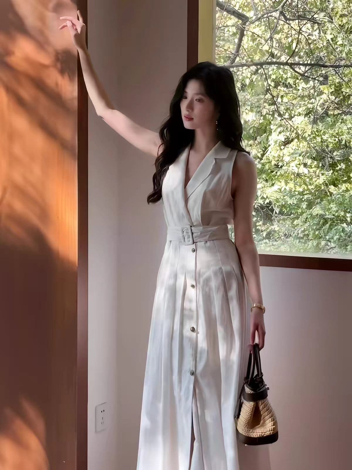 프랑스식 화이트 롱 코트 아마 조끼 여성 드레스 2026 새로운 POLO 칼라 민소매 셔츠 드레스 허리 수축 롱 스커트 이미지 4