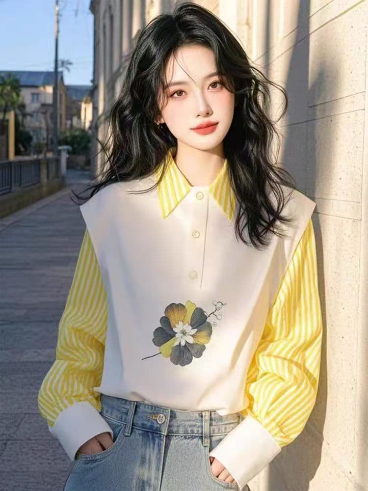 페이크 레이어드 스트라이프 셔츠 여성 로드 중 봄 가을 2026 년 새로운 아름다운 외국 가스 맨위 작은 셔츠 긴팔 셔츠 상세 이미지 1