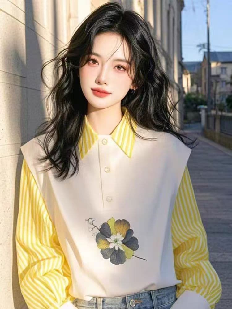 페이크 레이어드 스트라이프 셔츠 여성 로드 중 봄 가을 2026 년 새로운 아름다운 외국 가스 맨위 작은 셔츠 긴팔 셔츠 상세 이미지 2