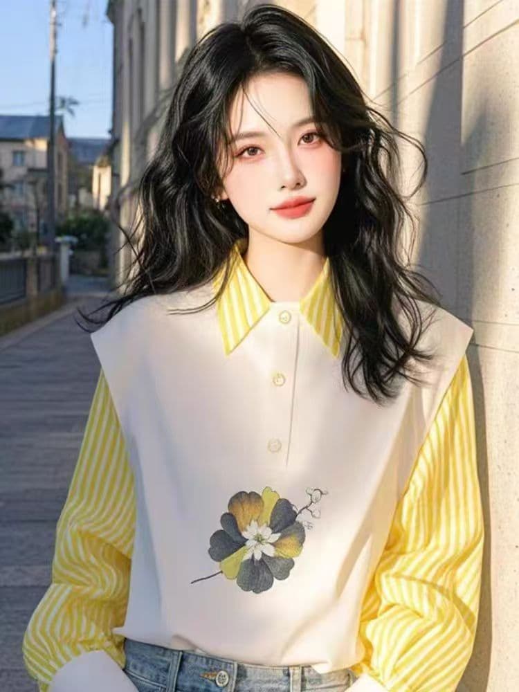 페이크 레이어드 스트라이프 셔츠 여성 로드 중 봄 가을 2026 년 새로운 아름다운 외국 가스 맨위 작은 셔츠 긴팔 셔츠 상세 이미지 4