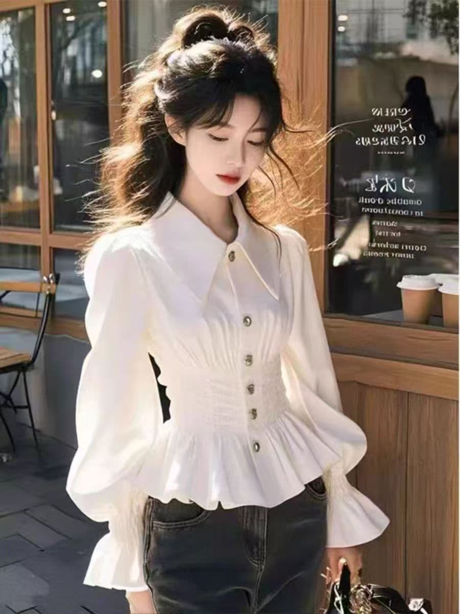달콤함 부드러운 바람 화이트 고급 센스 긴팔 여성 셔츠 봄 여름 가을 새로운 프랑스식 허리 수축 슬림해 보이는 패션 맨위 이미지 2
