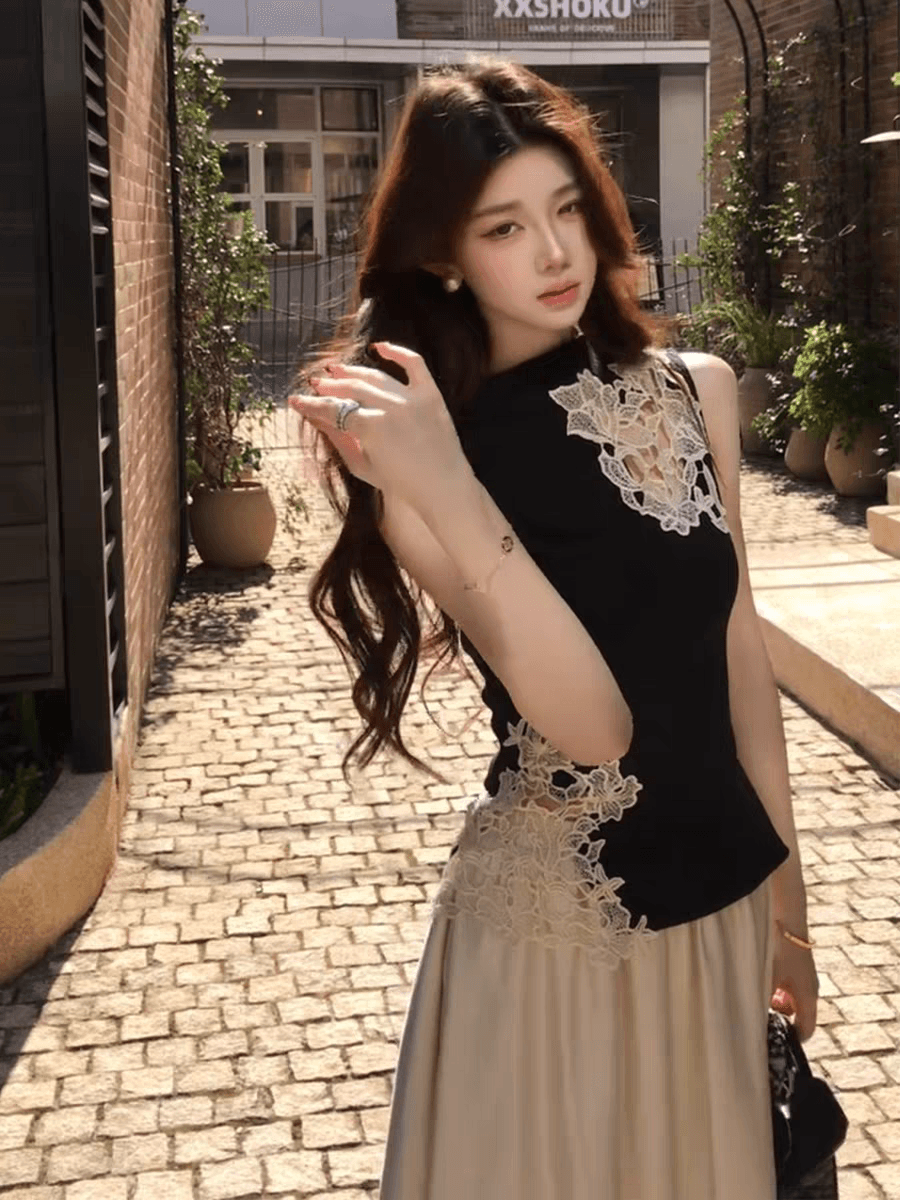 고유 한 아름다운 전체 집합 봄 드레스 고급 절묘한 고급 센스 샤오 양 로드 중 부유 한 가족 천 골드 검정색 조끼 세트 드레스 이미지 4