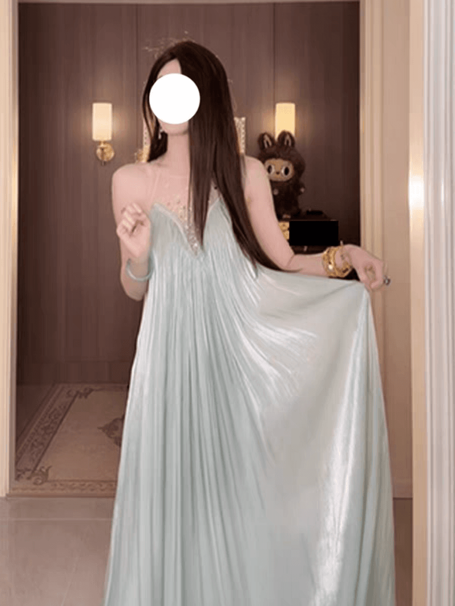 프랑스식 화이트 다이아몬드 세팅 망사 민소매 조끼 여성 드레스 여름 해변가 휴가 자이언트 잘 생긴 품격 길다 치마 이미지 4