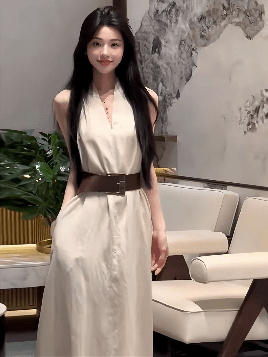 프랑스식 고급 센스 행침 목 V넥 민소매 여성 드레스 여름 새로운 그는 벤 바람 품격 아름다운 조끼 롱 스커트 이미지 3