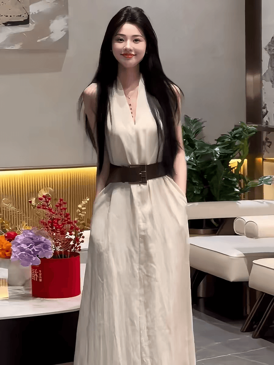 프랑스식 고급 센스 행침 목 V넥 민소매 여성 드레스 여름 새로운 그는 벤 바람 품격 아름다운 조끼 롱 스커트 이미지 4