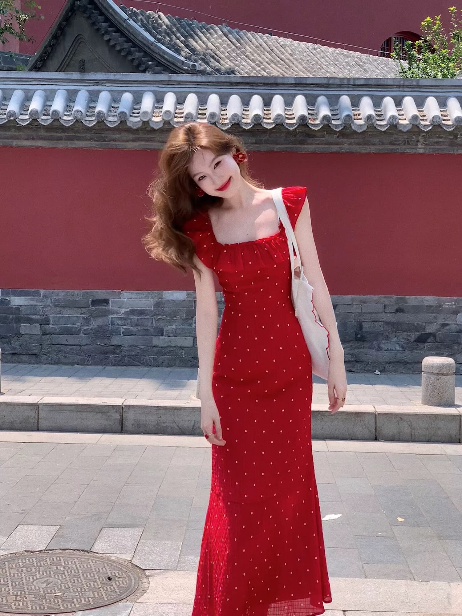 프랑스식 부드러운 품격 Feifei 소매 프릴 패치워크 여성 드레스 여름 새로운 도트 무늬 광장 칼라 슬립 롱 스커트