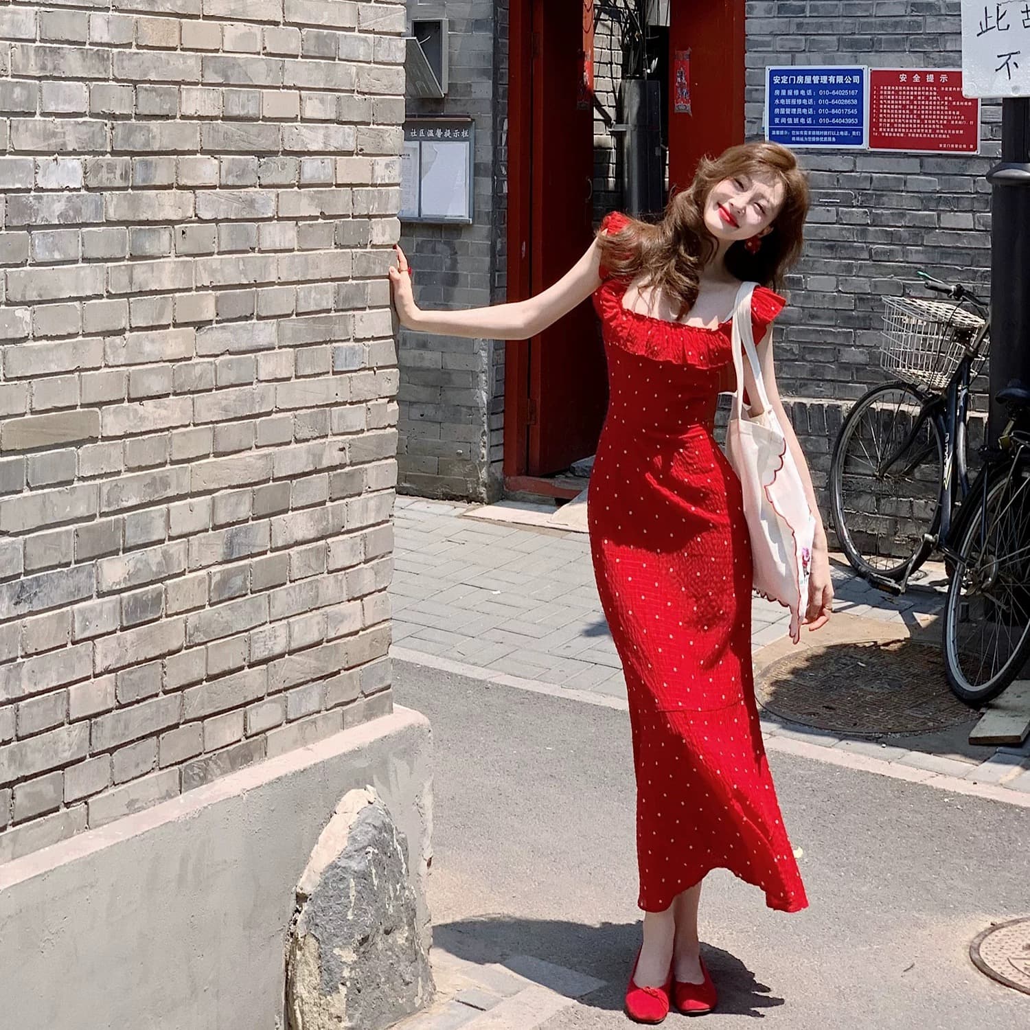 프랑스식 부드러운 품격 Feifei 소매 프릴 패치워크 여성 드레스 여름 새로운 도트 무늬 광장 칼라 슬립 롱 스커트 이미지 2