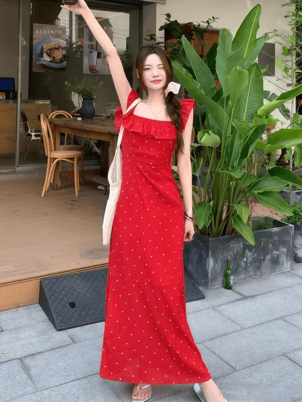 프랑스식 부드러운 품격 Feifei 소매 프릴 패치워크 여성 드레스 여름 새로운 도트 무늬 광장 칼라 슬립 롱 스커트 이미지 3