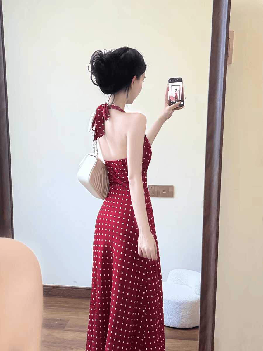 17 세 바다를보고 프랑스식 레트로 빨간색 도트 무늬 민소매 행침 목 여성 드레스 여름 섹시함 허리 수축 몸매 가꾸기 롱 스커트 이미지 3