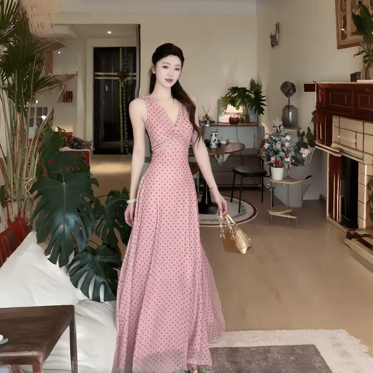 instunning 프랑스식 레트로 파란색 도트 무늬 V넥 민소매 롱 스커트 분위기 센스 착용 가져 가라. 휴가 여성 드레스