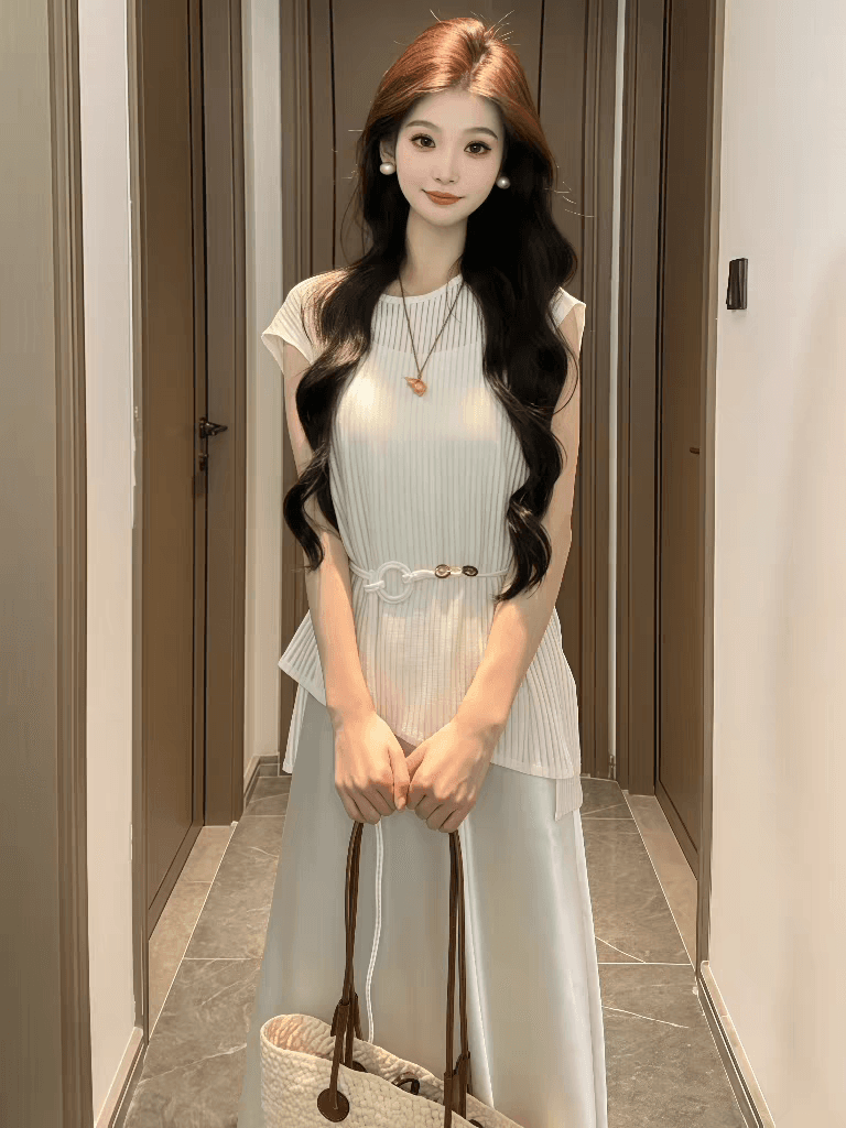 프랑스식 고급 센스 세트 홀로우 아웃 디자인 얇은 스타일 니트 맨위 새틴 슬립 롱 스커트 휴가 바람 투피스 세트