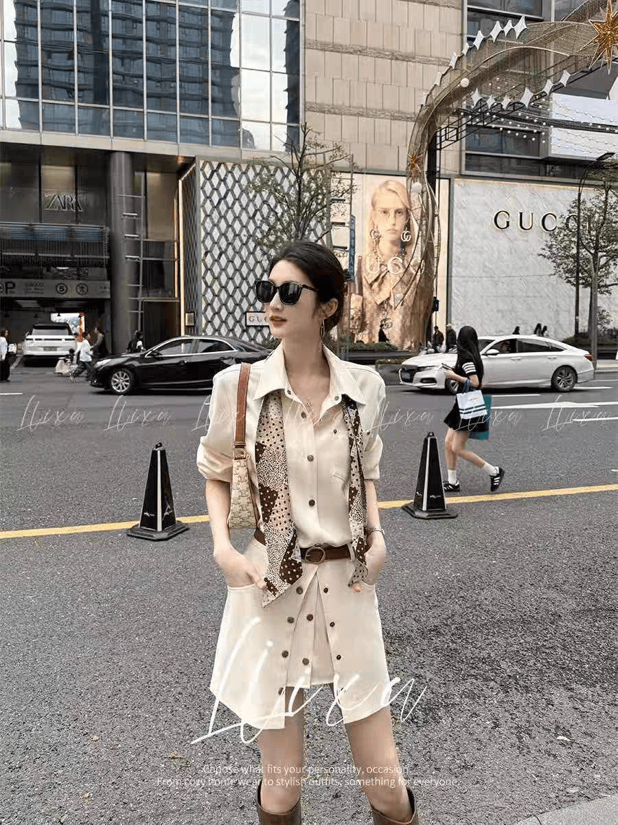 오래된 돈 바람 레트로 캐주얼 셔츠 세트 여성 2026 새로운 POLO 칼라 긴팔 맨위 반신 스커트 투피스 슈트 이미지 4
