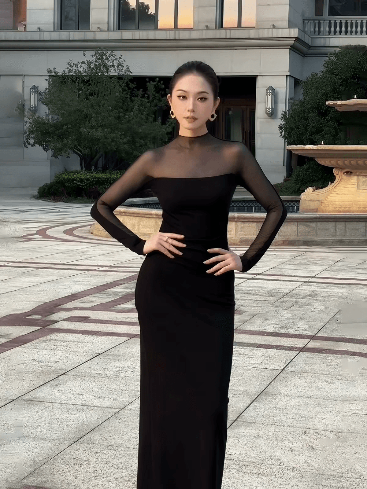 프랑스식 품격 반하이넥 망사 패치워크 드레스 여성 의류 봄 고급 센스 신축성 몸매 가꾸기 타이트 스커트 길다 치마 이미지 3