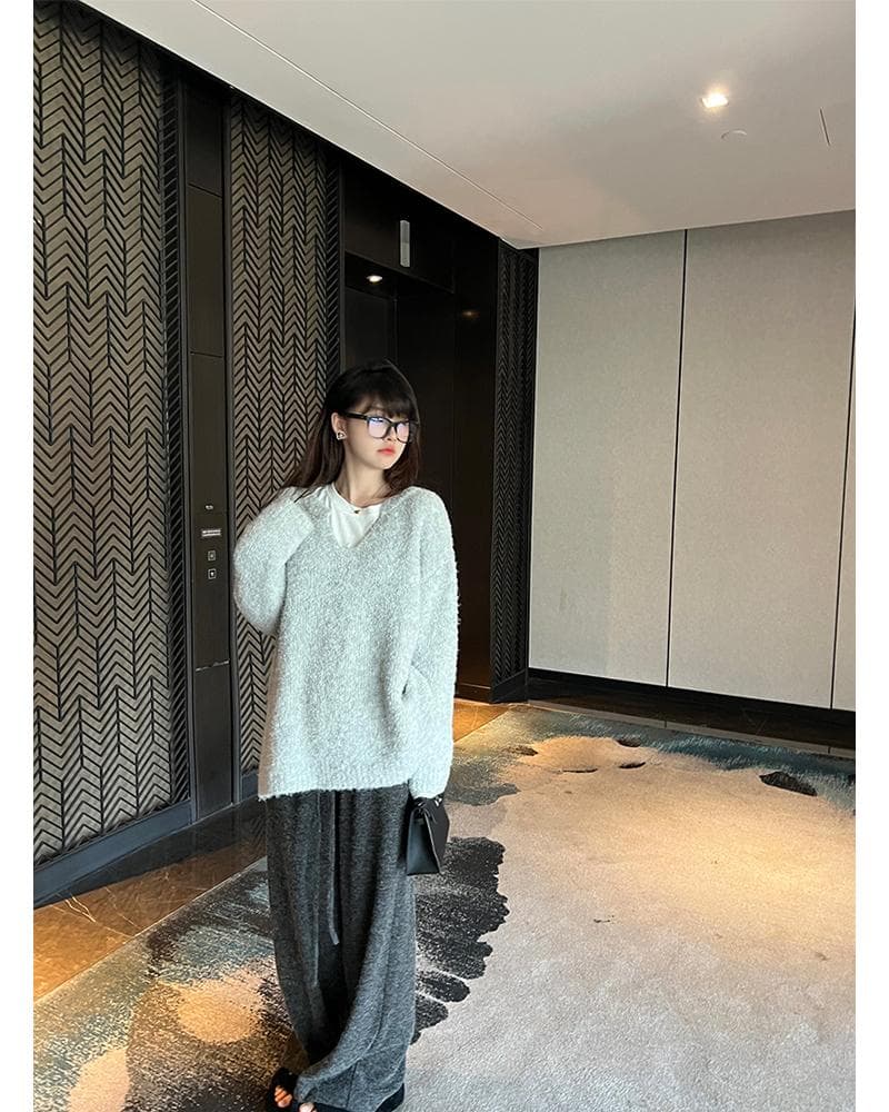 임산부 바지 가을 겨울철 외출용 캐주얼 펌프 로프 스트레이트 와이드 레그 팬츠 하이웨이스트 연삭 털 느긋한 센스 롱 바지 봄 가을 여성 상세 이미지 1
