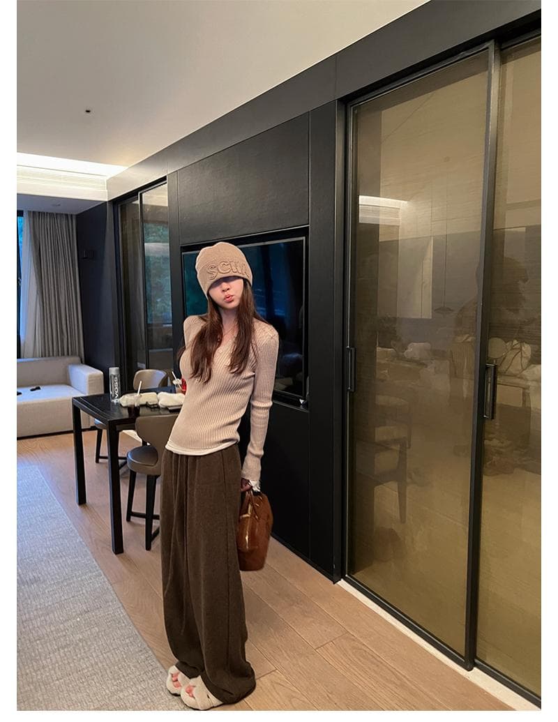 임산부 바지 가을 겨울철 외출용 캐주얼 펌프 로프 스트레이트 와이드 레그 팬츠 하이웨이스트 연삭 털 느긋한 센스 롱 바지 봄 가을 여성 상세 이미지 21