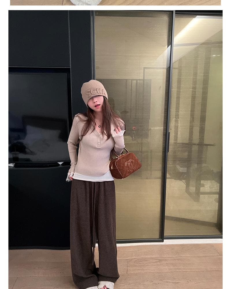 임산부 바지 가을 겨울철 외출용 캐주얼 펌프 로프 스트레이트 와이드 레그 팬츠 하이웨이스트 연삭 털 느긋한 센스 롱 바지 봄 가을 여성 상세 이미지 24