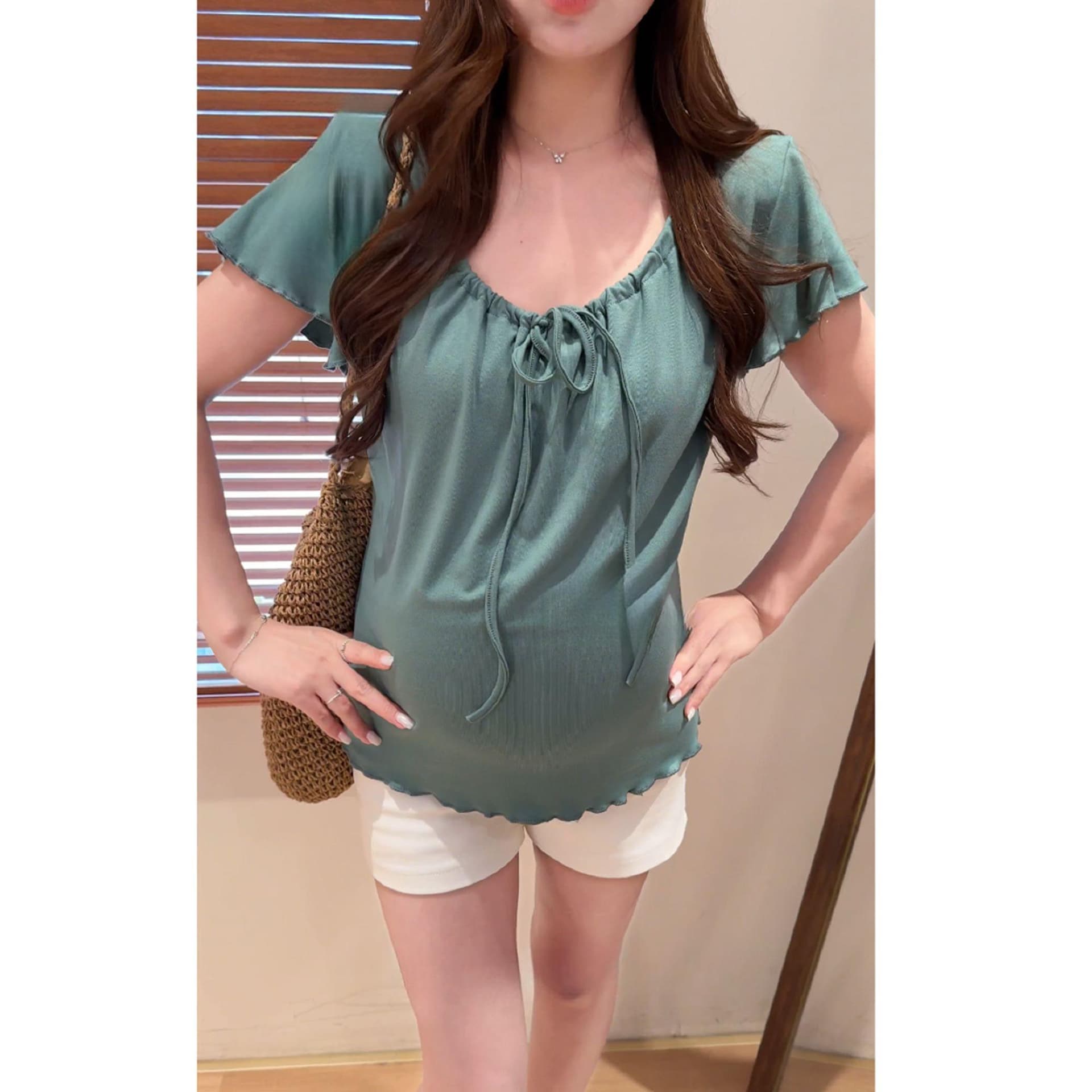 임산부 맨위 여름 얇은 스타일 부드러운 느슨함 휴가 바람 레이스업 반팔 티셔츠 기본 셔츠 외출용 신축성 슬림해 보이는 상세 이미지 5