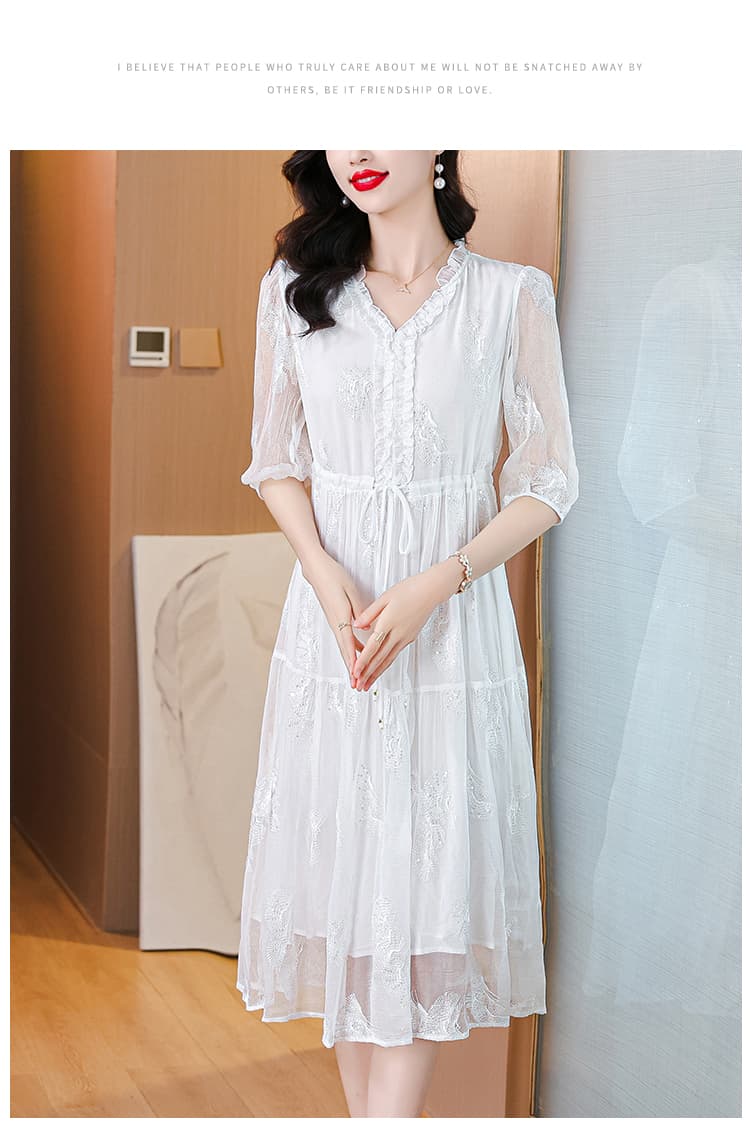우아함 바람 품격 명문 여성 허리 수축 화이트 드레스 고급 센스 질감 무거운 작업 자수 조지사 여름 새로운 상세 이미지 13