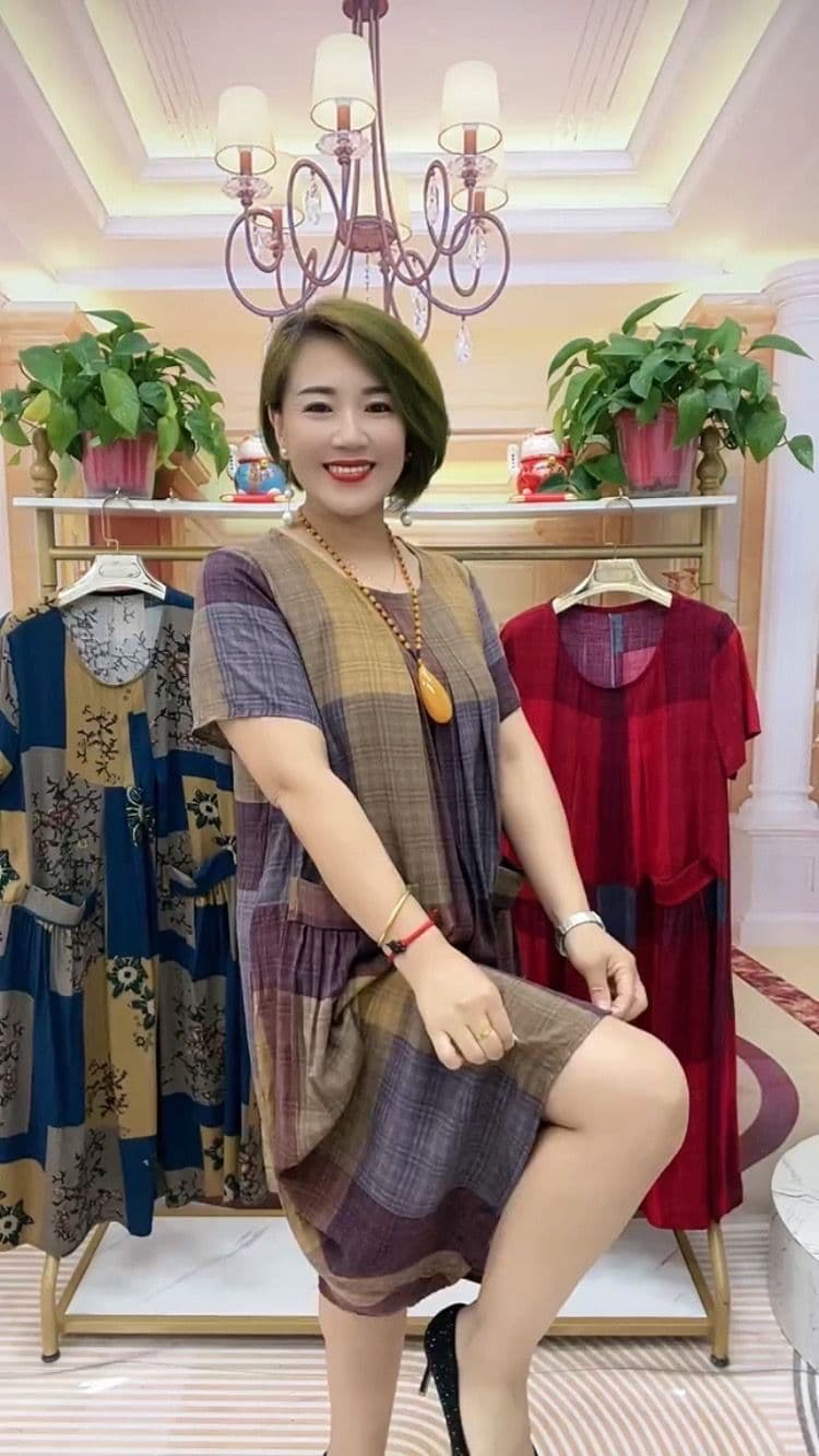 격자무늬 면 린넨 더블 포켓 대 에디션 여름 드레스 50 ~까지 60 세 살 고급 여성 의류 노인 치마 비료 추가 증가 상세 이미지 4