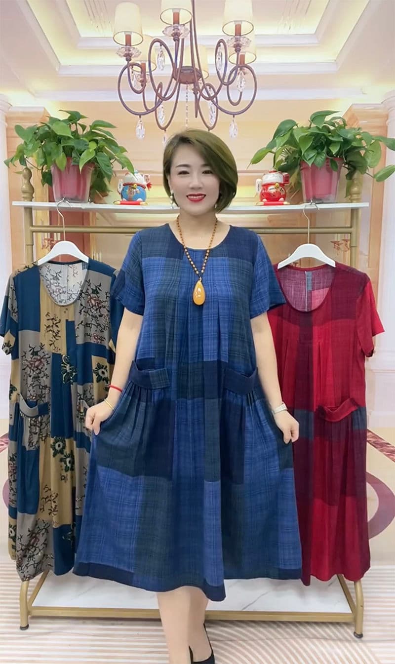 격자무늬 면 린넨 더블 포켓 대 에디션 여름 드레스 50 ~까지 60 세 살 고급 여성 의류 노인 치마 비료 추가 증가 상세 이미지 9