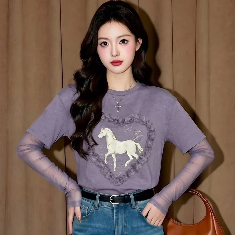 눈꽃 면 원본 것 주간 고양이 흔들어서 톤 품질 보라색 페이크 레이어드 작은 말 프린트 여성 셔츠 망사 긴팔