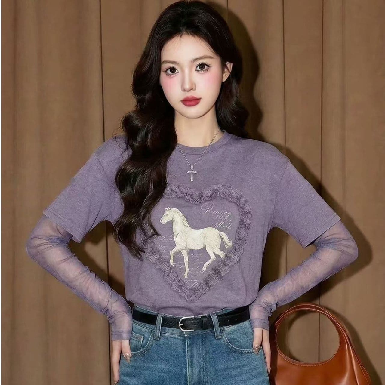 눈꽃 면 원본 것 주간 고양이 흔들어서 톤 품질 보라색 페이크 레이어드 작은 말 프린트 여성 셔츠 망사 긴팔 이미지 4