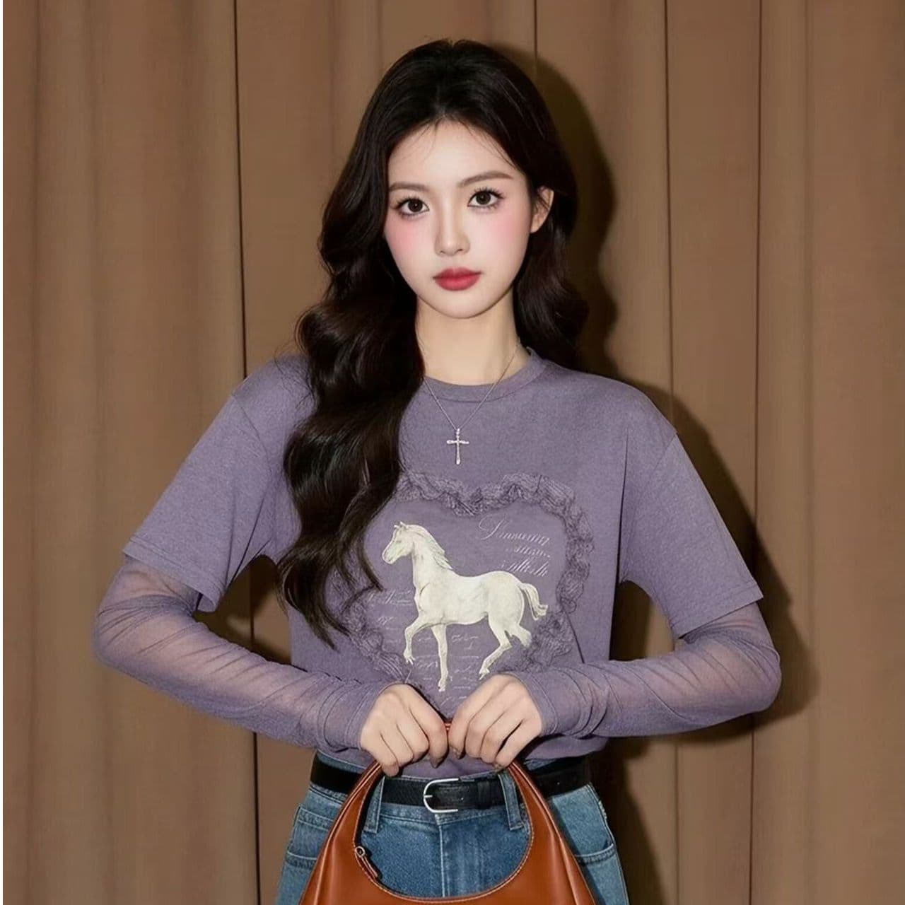 눈꽃 면 원본 것 주간 고양이 흔들어서 톤 품질 보라색 페이크 레이어드 작은 말 프린트 여성 셔츠 망사 긴팔 이미지 3