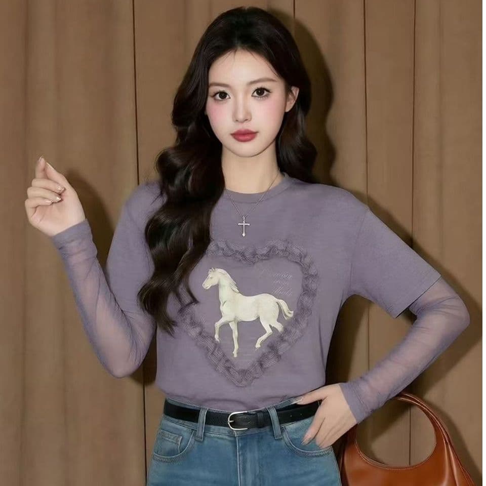 눈꽃 면 원본 것 주간 고양이 흔들어서 톤 품질 보라색 페이크 레이어드 작은 말 프린트 여성 셔츠 망사 긴팔 이미지 2