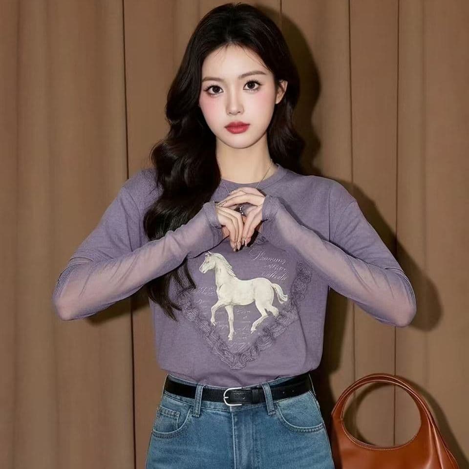 눈꽃 면 원본 것 주간 고양이 흔들어서 톤 품질 보라색 페이크 레이어드 작은 말 프린트 여성 셔츠 망사 긴팔 이미지 5